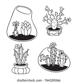 Set of cactuses with flowers in terrariums and pots for coloring books. Funny cute cactus with black contour. Mexican plant. Design element for postcard, greeting card, t-shirt. Vector illustration.