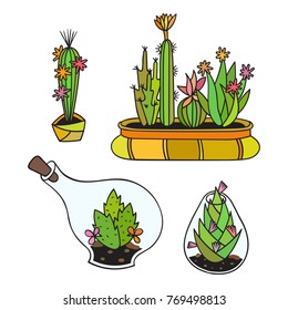 Set of cactuses with flowers in terrariums and pots. Colored funny cute cactus with black contour. Mexican plant. Design element for banner, postcard, greeting card, t-shirt. Vector illustration.