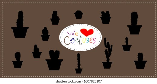 Set of cactuses, hand drawn vector illustration, Home plants cactus in pots, cactus closeup on background.