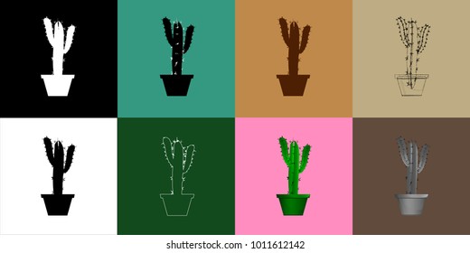 Set of cactuses, hand drawn vector illustration, Home plants cactus in pots, cactus closeup on background.