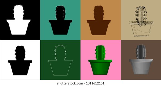 Set of cactuses, hand drawn vector illustration, Home plants cactus in pots, cactus closeup on background.