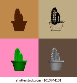 Set of cactuses, hand drawn vector illustration, Home plants cactus in pots, cactus closeup on background.