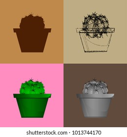 Set of cactuses, hand drawn vector illustration, Home plants cactus in pots, cactus closeup on background.