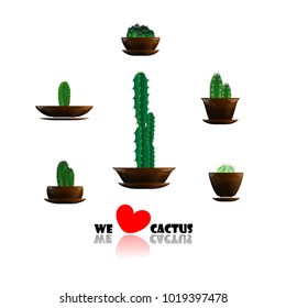 Set of cactuses, hand drawn vector illustration, Home plants cactus in pots, cactus closeup on white background.
