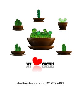 Set of cactuses, hand drawn vector illustration, Home plants cactus in pots, cactus closeup on white background.