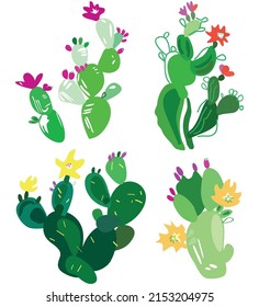 Set of cactuses. Hand drawn vector illustration.Fruits and flowers. 
