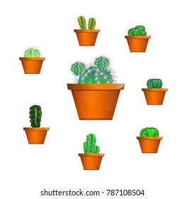 Set of cactuses, hand drawn vector illustration, Home plants cactus in pots and with flowers, cactus closeup on white background.