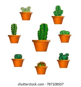 Set of cactuses, hand drawn vector illustration, Home plants cactus in pots and with flowers, cactus closeup on white background.