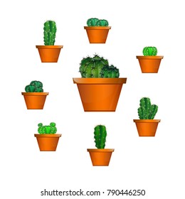 Set of cactuses, hand drawn vector illustration, Home plants cactus in pots and with flowers, cactus closeup on white background.