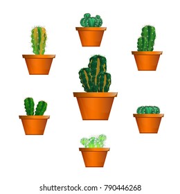 Set of cactuses, hand drawn vector illustration, Home plants cactus in pots and with flowers, cactus closeup on white background.