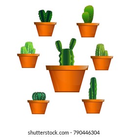Set of cactuses, hand drawn vector illustration, Home plants cactus in pots and with flowers, cactus closeup on white background.