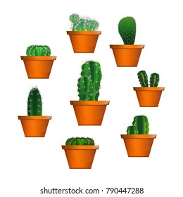 Set of cactuses, hand drawn vector illustration, Home plants cactus in pots and with flowers, cactus closeup on white background.