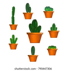 Set of cactuses, hand drawn vector illustration, Home plants cactus in pots and with flowers, cactus closeup on white background.