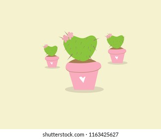 A set of cactuses, hand-painted illustrations, cactus houses in pots and flowers on cream background.