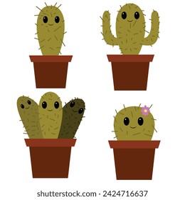 Set of Cactuses icons isolated on white background. Exotic Decorative house plants. Flat or cartoon icon vector illustration for home decor and botanical design