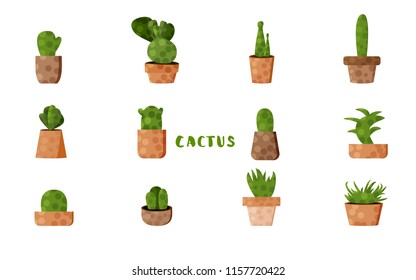 Set of cactuses with pots. Collection of succulents  with handwritten lettering isolated on white background. Vector illustration.