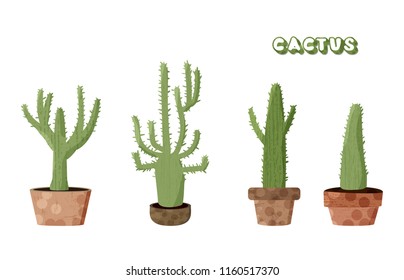 Set of cactuses with pots. Collection of succulents  with handwritten lettering isolated on white background. Vector illustration.