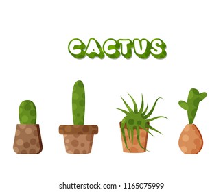 Set of cactuses with pots. Collection of succulents  with handwritten lettering isolated on white background. Vector illustration.