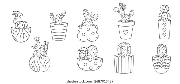 Conjunto de cactus en potes Iconos de arte de línea