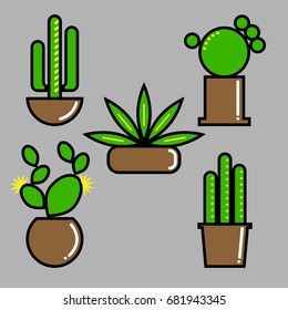 Set of cactuses in pots. Vector illustration in flat style