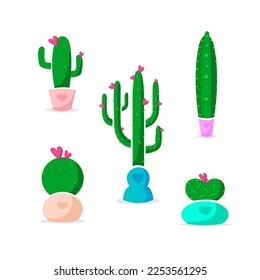 Set of cactuses for St. Valentine's Day. Cactuses with heart shape flowers. Flower pots with hearts.