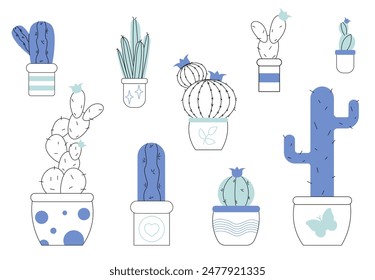 Set of cactuses. Succulent plants in flowerpots. Mexican tropical plants. Elements of decoration and interior. Botany and gardening. Linear flat vector collection isolated on white background