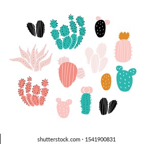 Set of cactuses, succulents, leaves  in scandinavian style. Perfect for textile, wallpaper for kids. Scandinavian plants background in pastel colors