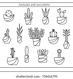Set of cactuses and succulents in line flat design. Cacti vector outline icons on isolated background. Collection of house potted plants in minimal linear style. Illustration of indoor flowers. 