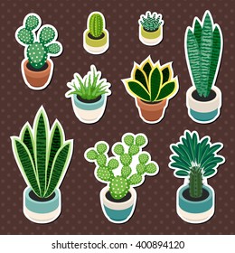 Set of cactuses and succulents in pots. Cacti and succulents isolated on a brown background. Indoor plants in a flat style. Set of stickers indoor plants in pots. Vector illustration.