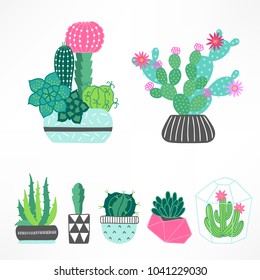 Set of cactuses and succulents with pots in Green, Turquoise, Pink and Grey. Perfect for summer greeting cards