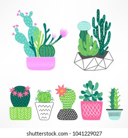 Set of cactuses and succulents with pots in Turquoise, Pink, Green, Grey and White. Perfect for summer greeting cards