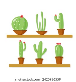 Set of cactuses vector icons isolated on white background. Exotic decorative house plant. Home plants cactus in pots and with flowers. A variety of decorative cactus with prickles and without.