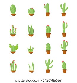 Set of cactuses vector icons isolated on white background. Exotic decorative house plant. Home plants cactus in pots and with flowers. A variety of decorative cactus with prickles and without.