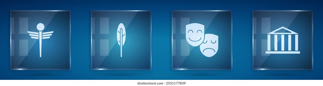 Set Caduceus snake medical, Feather pen, Comedy and tragedy masks and Parthenon. Square glass panels. Vector