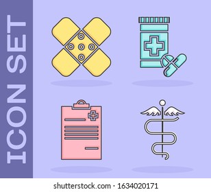 Set Caduceus snake medical symbol, Crossed bandage plaster, Medical clipboard with clinical record and Medicine bottle and pills icon. Vector