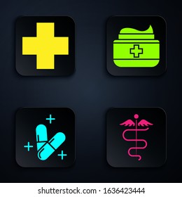 Set Caduceus snake medical symbol, Cross hospital medical, Medicine pill or tablet and Ointment cream tube medicine. Black square button. Vector