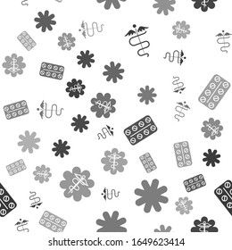 Set Caduceus snake medical symbol, Cross hospital medical, Pills in blister pack and Emergency star medical symbol Caduceus snake with stick on seamless pattern. Vector
