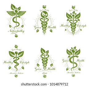 Set of Caduceus vector conceptual emblems created with snakes and green leaves. Wellness and harmony metaphor. Alternative medicine concept, phytotherapy logotypes.