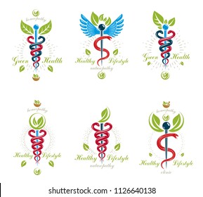 Set of Caduceus vector conceptual emblems created with snakes and green leaves. Wellness and harmony metaphor. Alternative medicine concept, phytotherapy logotypes.