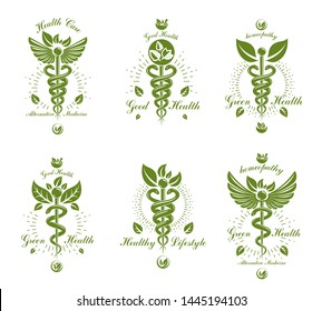 Set of Caduceus vector conceptual emblems created with snakes and green leaves. Wellness and harmony metaphor. Alternative medicine concept, phytotherapy logotypes.
