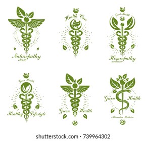 Set of Caduceus vector conceptual emblems created with snakes and green leaves. Wellness and harmony metaphor. Alternative medicine concept, phytotherapy logotypes.