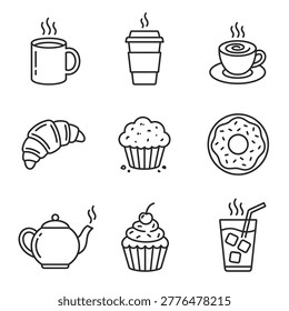 Set of cafe and bakery thin line icons. Includes hot coffee cup, takeaway mug, croissant, muffin, donut, teapot, cupcake, and iced beverage symbols. Isolated on white background.