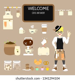 set of cafe coffee shop and barista wearing apron with sweet bakery, cake, muffin, cookie, coffee, croissant, bread, pretzel flat vector illustration cartoon character design isolated