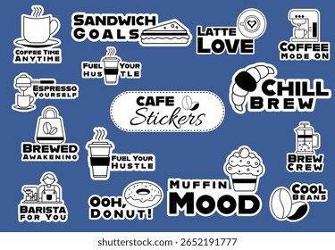Set of cafe and coffee shop stickers with coffee cups, pastries, drinks, food labels, and barista icons. Ideal for packaging, menus, social media, branding, and print design projects.

