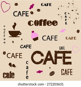 Set: cafe, coffee, sweet. Brown, beige background. Vector illustration.