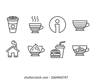 Set of Cafe creme, Cappuccino and Hamburger icons. Takeaway coffee, Espresso cream and Cold coffee signs. Burger with drink, Hot latte drink, Cafe con panna. Ice cubes in beverage. Vector