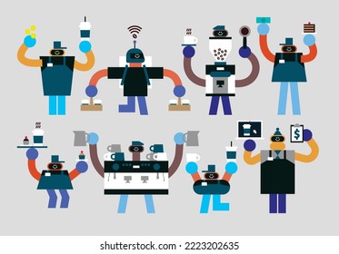 Set of Cafe Employee Humanoids Flat Geometric Character Design