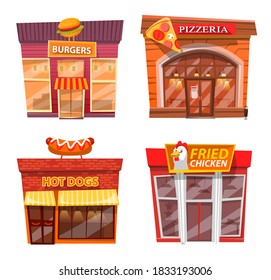 Set of cafe exteriors, isolated pizza house with italian cuisine. Fried chicken and hot dogs, burger and pizzeria with meal to eat. Buildings with sign boards for clients. Restaurant services vector