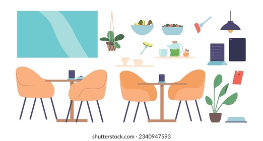 Set Of Cafe Furniture And Items Isolated Icons. Window, Potted Plants, Furniture, Tables And Chairs. Lamp, Bowl