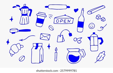 set of cafe hand draw doodle, croissant, coffee, tea, wine, star, restaurant collection 
